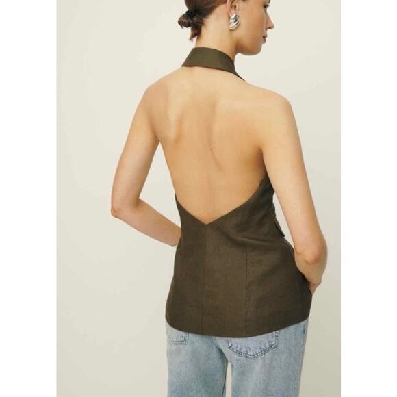 REFORMATION Brennan Linen Vest Top Womens 6 Olive Green Sleeveless Halter NEW - Picture 2 of 16